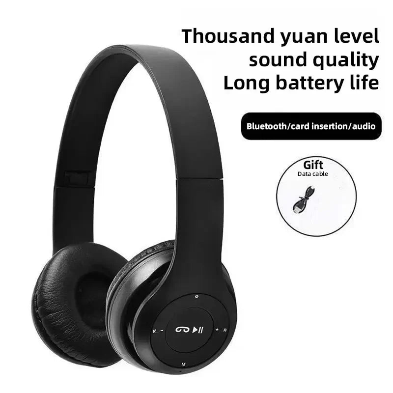 Black headphones with sound quality and battery life text on a white background