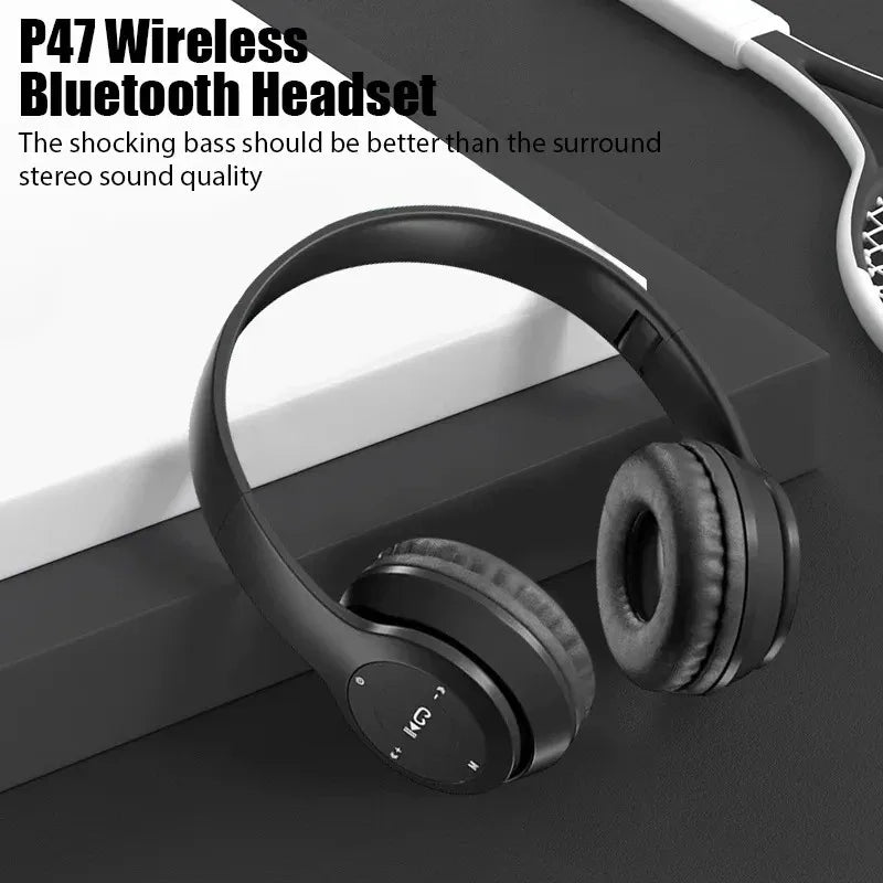 Black wireless Bluetooth headset on a reflective surface with text about sound quality.