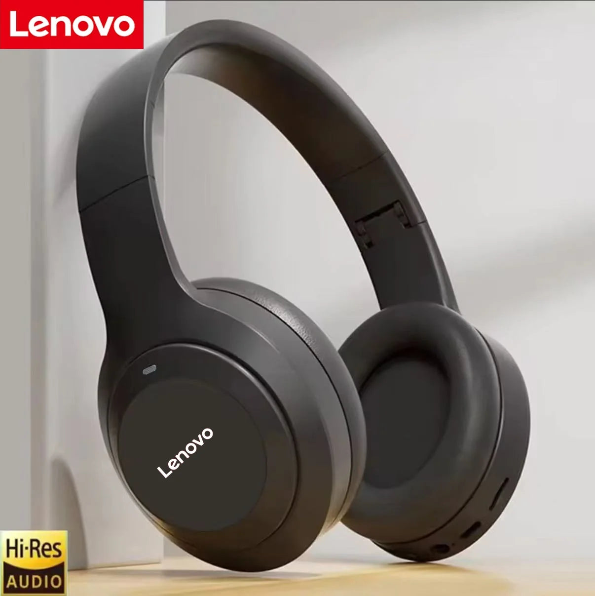 Lenovo headphones on a light background with Lenovo logo above