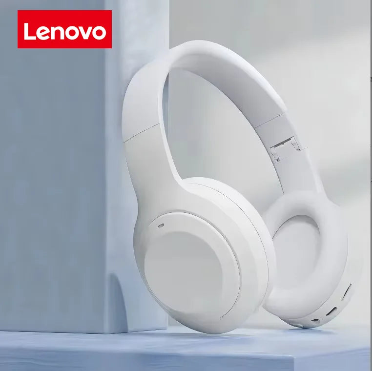 White Lenovo headphones on a light gray background with Lenovo logo above.