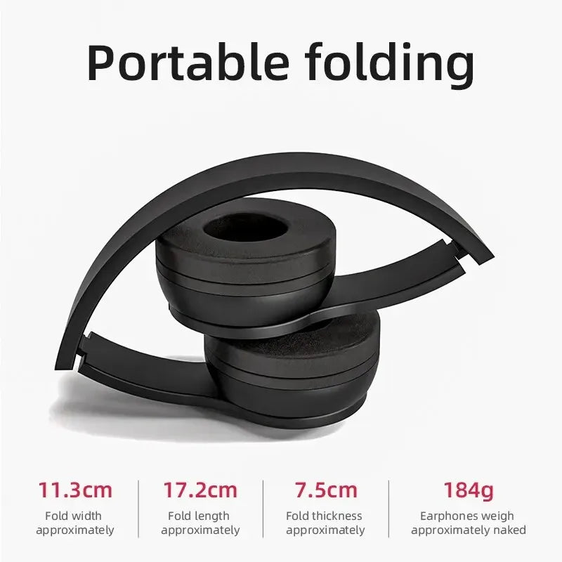 Black folding headphones with specifications on a white background