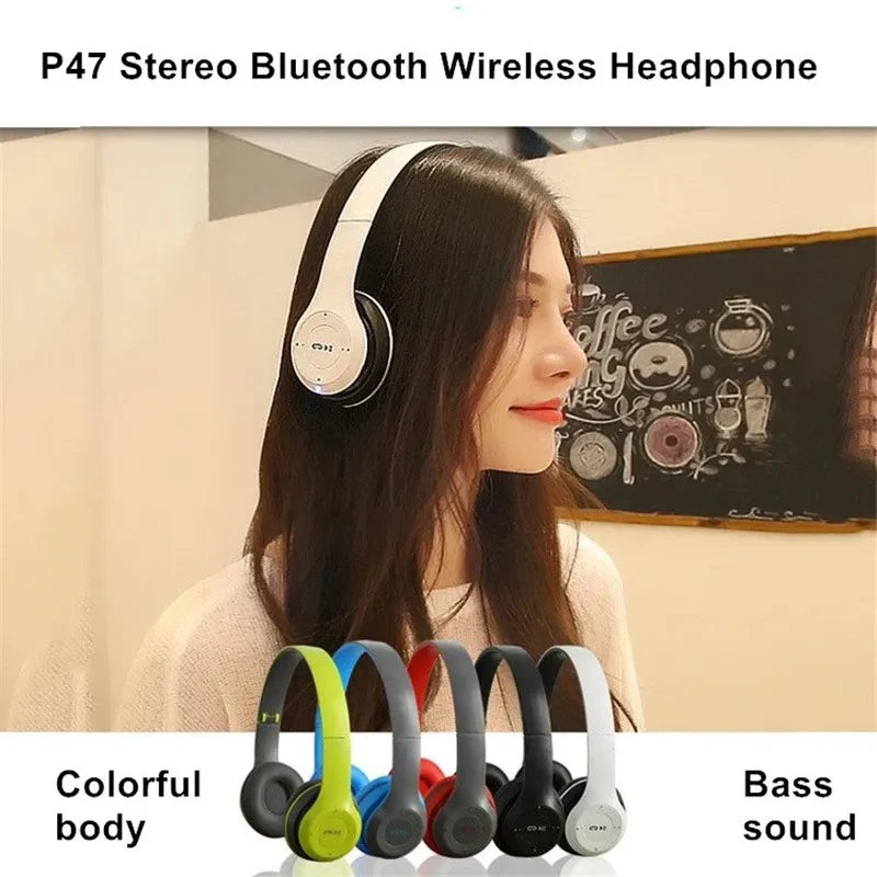 Woman wearing P47 Stereo Bluetooth Wireless Headphones with color options displayed below.