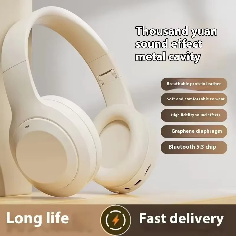 Beige headphones with text highlighting features on a light background